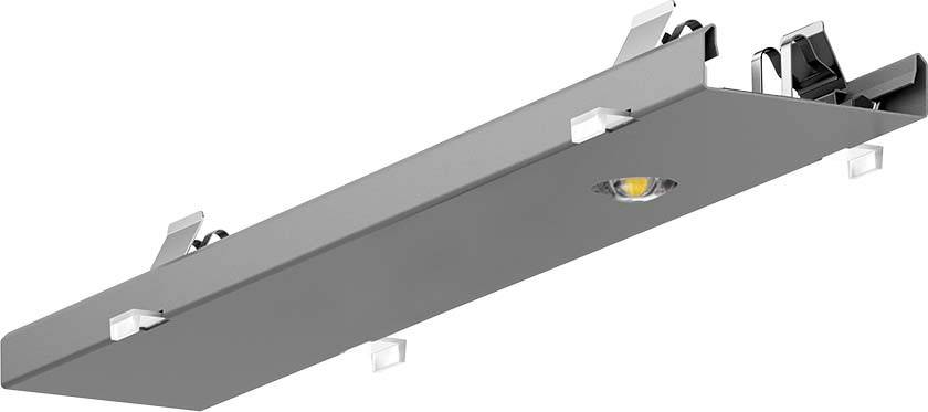 Ein graues rechteckiges Lichtprofil mit integriertem LED-Spot. Es ist modern gestaltet und scheint zur Deckenmontage gedacht zu sein.