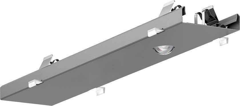 Graues Metallprofil mit integriertem Licht- und Bewegungssensor. Geeignet für den Einbau in Deckenstrukturen zur Beleuchtung und Überwachung.