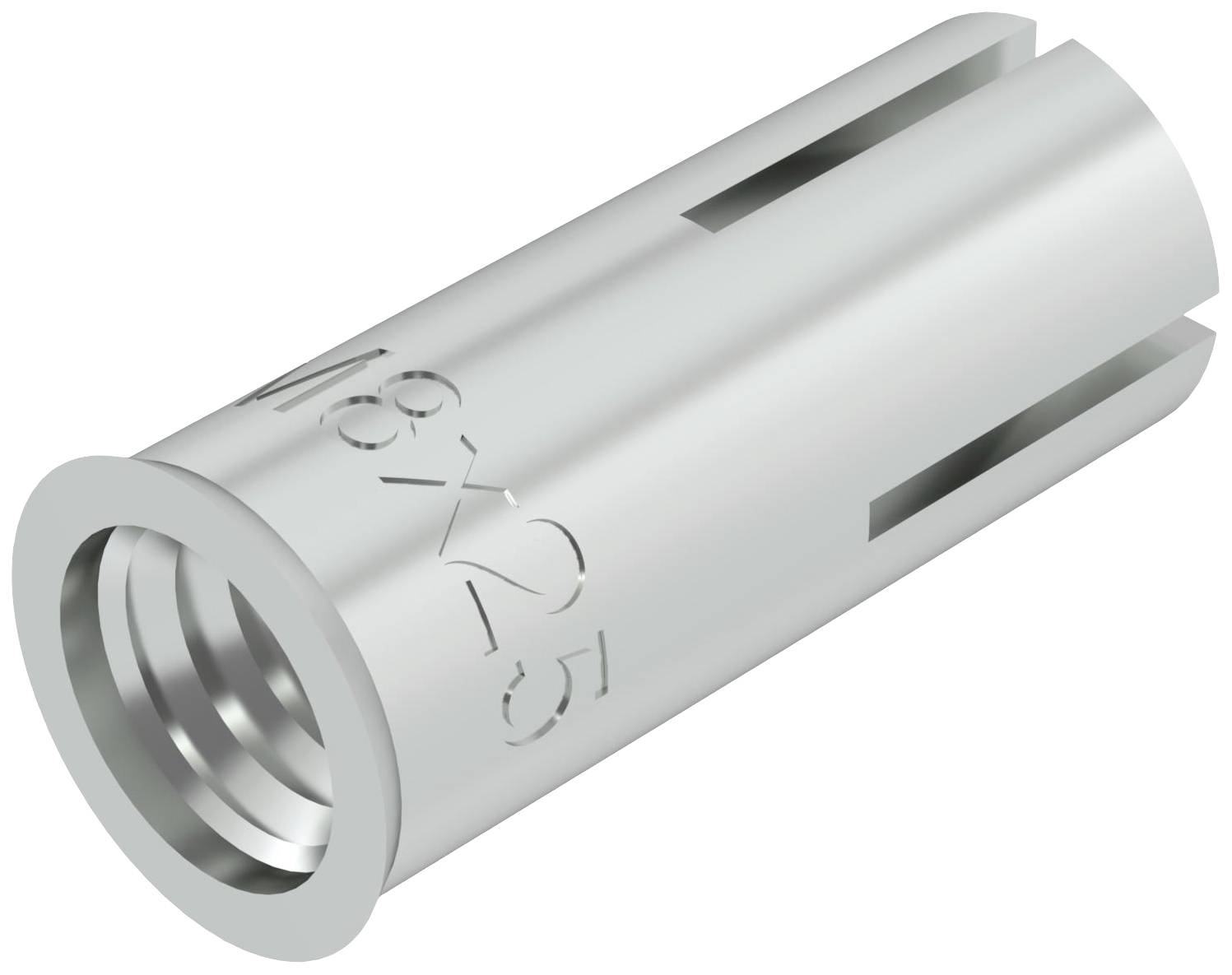 Metallische Einschlagmutter mit zylindrischer Form und der Aufschrift 'M8 x 25', verwendet für das Verschrauben in Materialien.