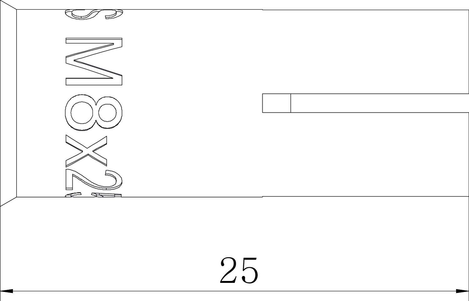 Technische Zeichnung einer Schraube mit der Aufschrift 'M8x25'. Die Schraube hat eine Länge von 25 mm und ist am Rand abgeschrägt.
