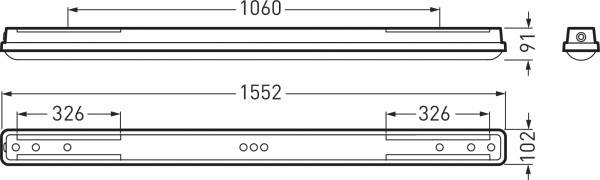 Technische Zeichnung eines länglichen Leuchtgehäuses mit Angaben zu den Längenmaßen 1060 mm, 1552 mm und 91 mm. Ansicht von oben und von der Seite.