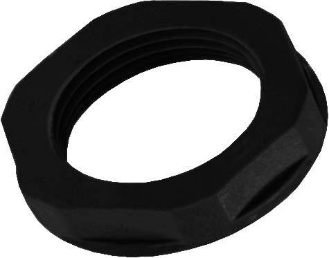 Eine schwarze Sechskantmutter aus Kunststoff.