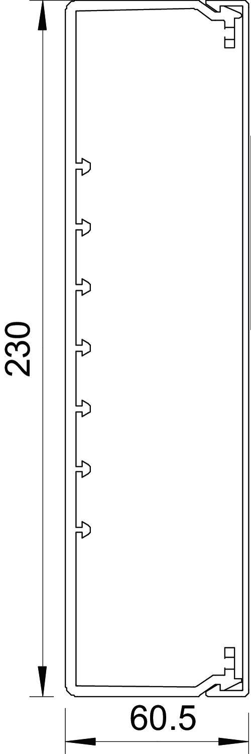 Diagramm eines rechteckigen Profils, 230 mm hoch, 60,5 mm breit, mit Kerben entlang einer langen Seite.