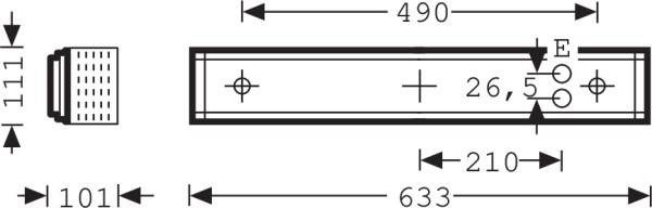 Technische Zeichnung eines rechteckigen Bauteils mit den Maßen 101x111 und Gesamtmaß 633. Löcher mit 26,5 mm Durchmesser sind markiert.