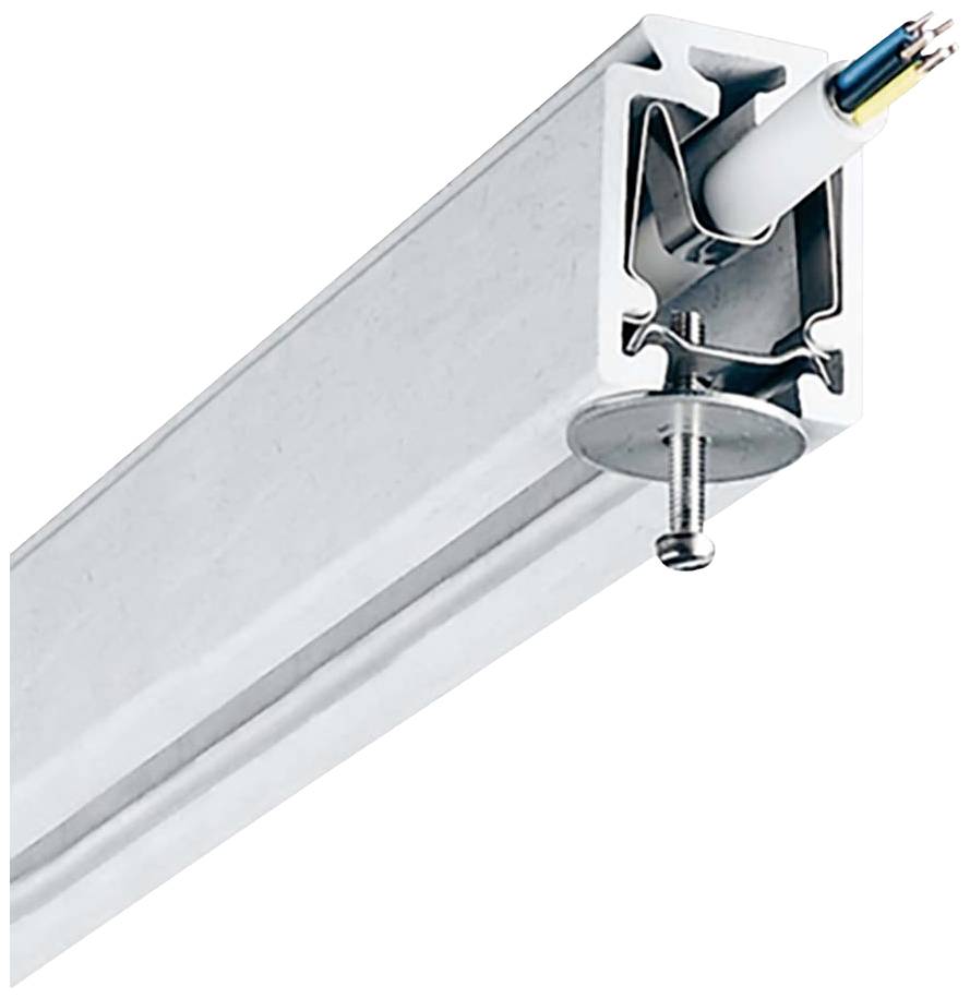 Aluminiumprofil für die Installation mit integrierter Kabelführung und Befestigungsschraube, geeignet für Deckenmontage.