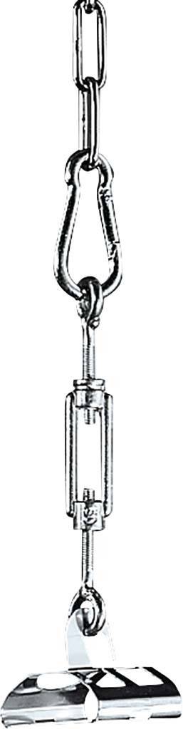 Metallischer Geräteteil, bestehend aus einer Schraube mit Haken und Öse, vermutlich ein Teil eines Hebe- oder Befestigungsmechanismus.