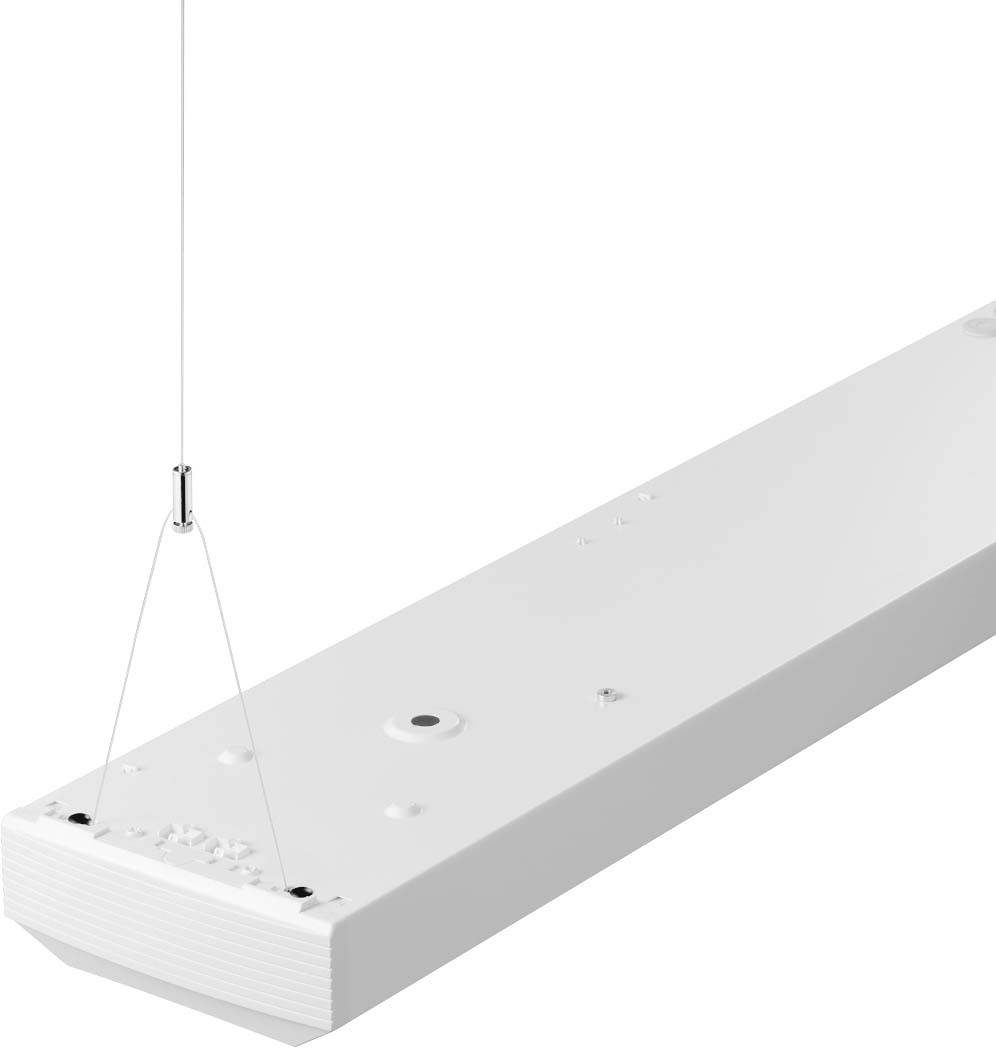 Weiße, rechteckige Deckenleuchte mit schmalem, länglichem Design, aufgehängt an einem dünnen Draht, geeignet für moderne Innenräume.