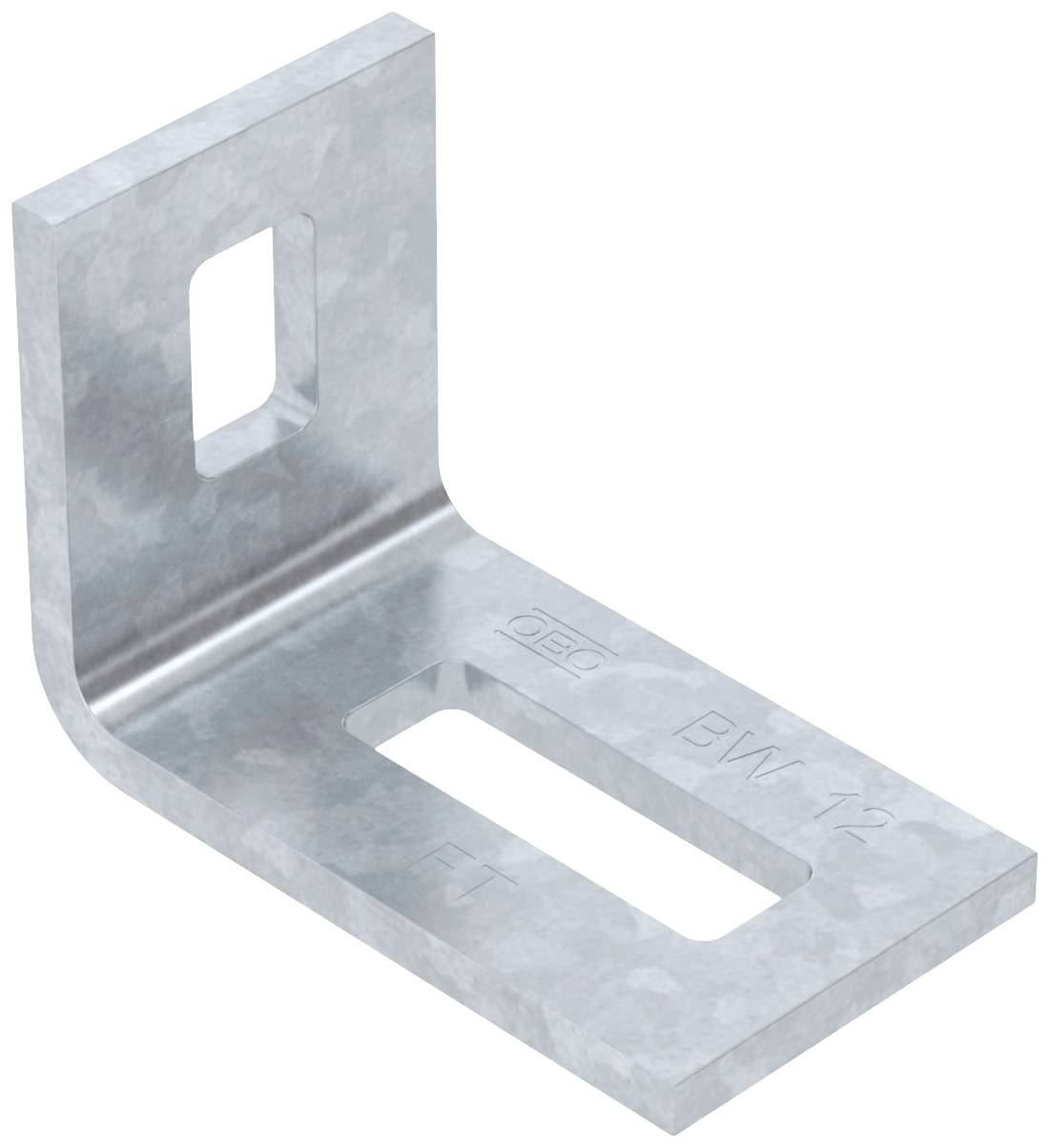 Metallischer Winkel mit zwei rechteckigen Löchern, geeignet für Befestigungen oder Verbindungen in Baukonstruktionen.