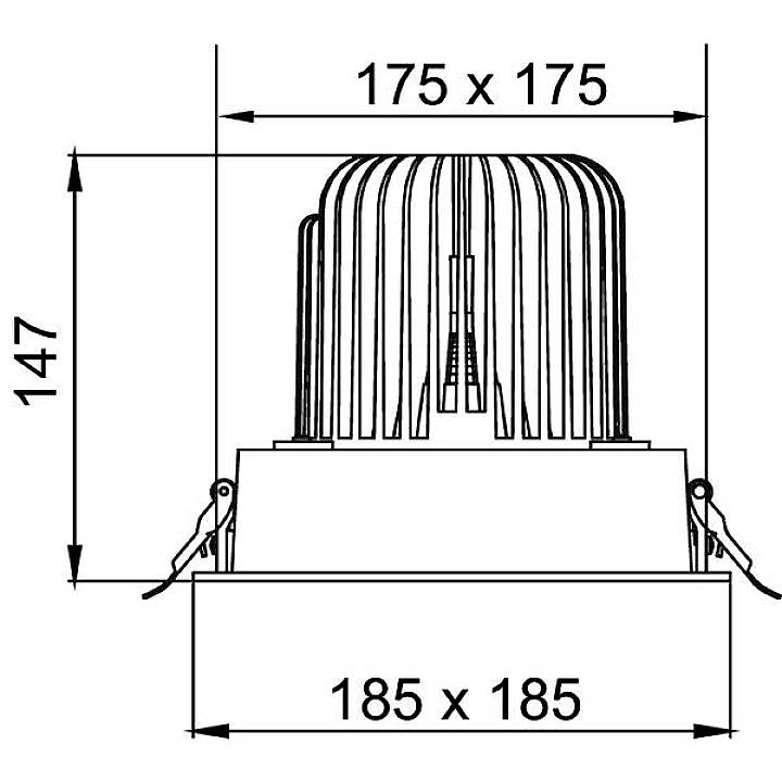 Technische Zeichnung eines quadratischen Lüfters mit Maßen: 175 x 175 mm Tiefe, 185 x 185 mm Breite, 147 mm Höhe.