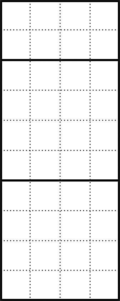 Ein Diagramm mit einem 4x4-Raster aus Punkten und zwei dicken horizontalen Linien, die das Raster in zwei Hälften teilen.
