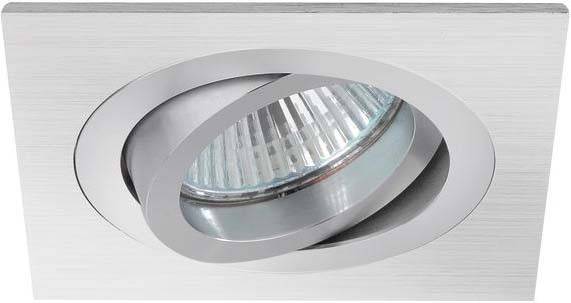 Eine runde, silberne Deckenleuchte mit schwenkbarem Halogenstrahler, eingebaut in eine weiße Decke.