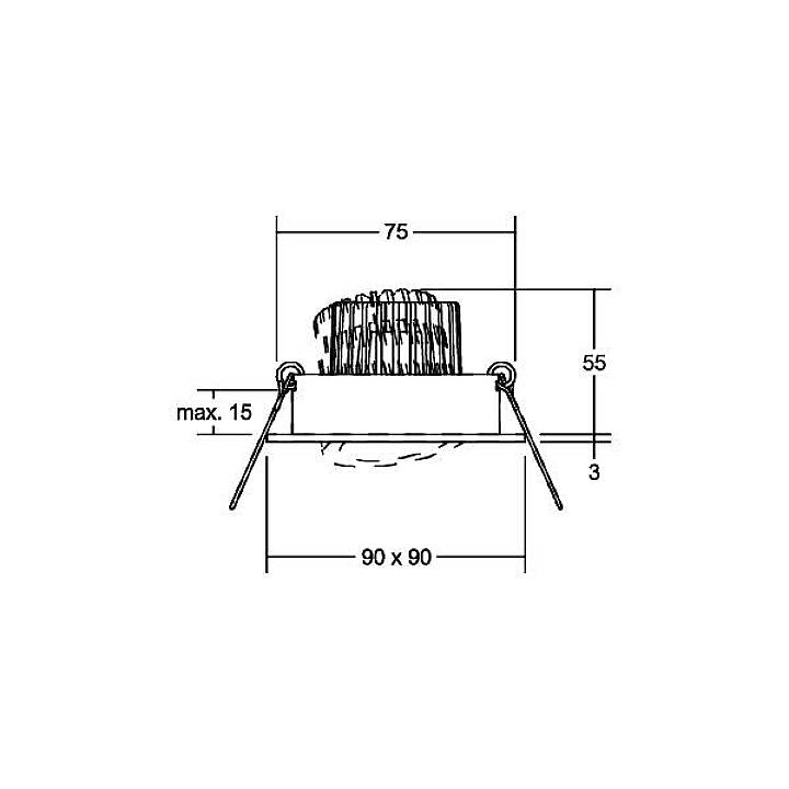 Diagramm eines Einbaustrahlers mit den Maßen 75 mm Höhe, 90x90 mm Breite. Maximale Tiefe 15 mm. Zeigt technische Details zur Installation.