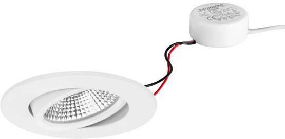 Runder, weißer LED-Einbaustrahler mit angeschlossenen Kabeln. Geeignet für Deckenmontage in Wohn- oder Geschäftsräumen.