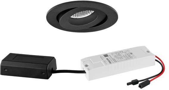 Schwarze LED-Einbauleuchte mit integriertem Transformator und Anschlusskabel. Geeignet für Deckenbeleuchtung in Innenräumen.