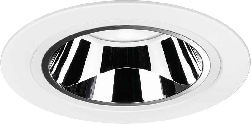 Ein runder, weißer LED-Deckenstrahler mit spiegelnder Oberfläche, die das Licht reflektiert. Modernes Design, geeignet für Innenräume.