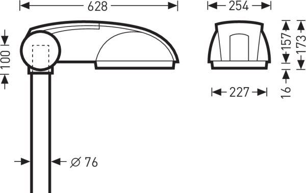 Straßenlaternen-Skizze mit Maßen: Breite 628 mm, Höhe 173 mm, Durchmesser Mast 76 mm, Breite obere Ansicht 254 mm.