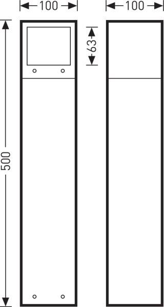 Technische Zeichnung eines rechteckigen Pfostens: 500 mm hoch, 100 mm breit, mit einem quadratischen Abschnitt von 63 mm oben.