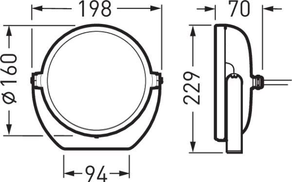 Technische Zeichnung einer runden Leuchte mit den Maßen: Durchmesser 160 mm, Gesamthöhe 229 mm, Tiefe 94 mm, Breite 198 mm.