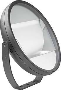 Rundes, silbernes Objekt mit Glasabdeckung und seitlicher Halterung. Könnte eine Lampe oder ein Beleuchtungselement darstellen.