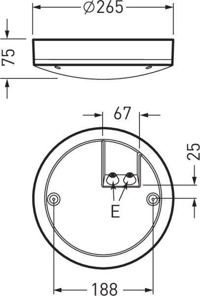 Technische Zeichnung eines runden Deckenmontagegehäuses mit Durchmesser 265 mm, Höhe 75 mm. Zeigt Schraubenlöcher und Anschlussbereich.