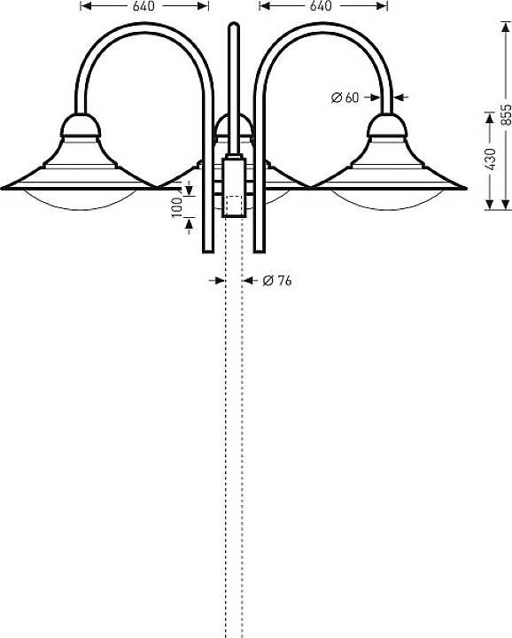 Technische Zeichnung einer zweiflammigen Wandlampe mit Abmessungen: Breite 640 mm, Tiefe 100 mm, Höhe 430 mm.
