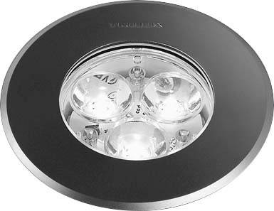 Runde LED-Einbauleuchte mit drei Leuchtmitteln in silbernem Gehäuse. Ideal für moderne Wohn- oder Geschäftsräume.