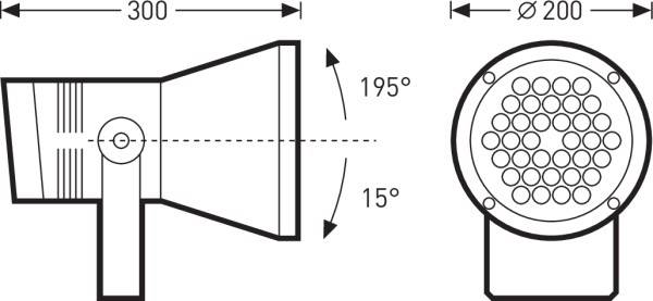 Technische Zeichnung eines Scheinwerfers. Seiten- und Vorderansicht mit Maßen: Länge 300 mm, Durchmesser 200 mm, Neigungswinkel 15-195 Grad.