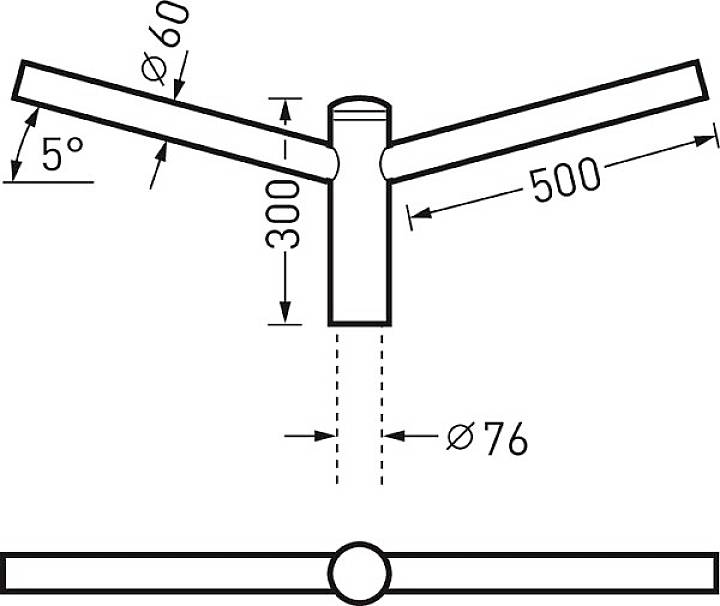 Technische Zeichnung eines T-Stücks mit zwei Armen im Winkel von 5 Grad. Die Armlängen betragen 500 mm, Höhe ist 300 mm. Rohrdurchmesser sind 60 mm und 76 mm.