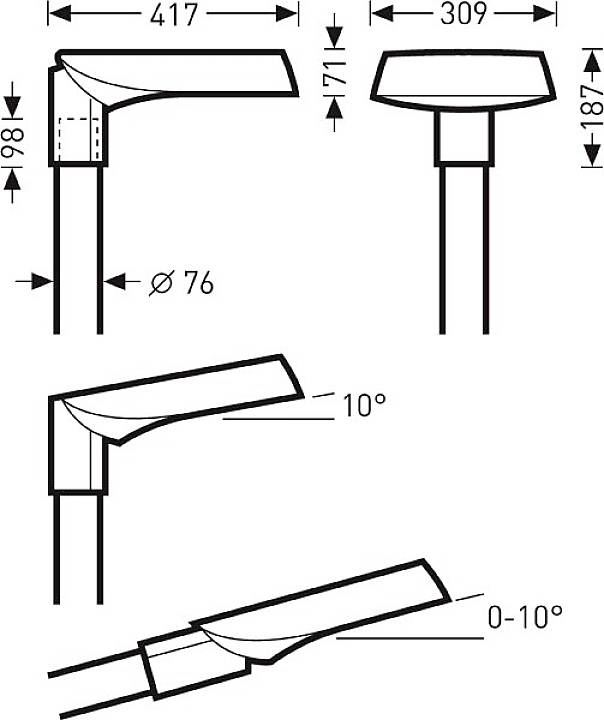Technische Zeichnung eines Wasserhahns mit Maßen: 417 mm Länge, 309 mm Breite, 98 mm Höhe, 76 mm Durchmesser. Neigung 0-10°.