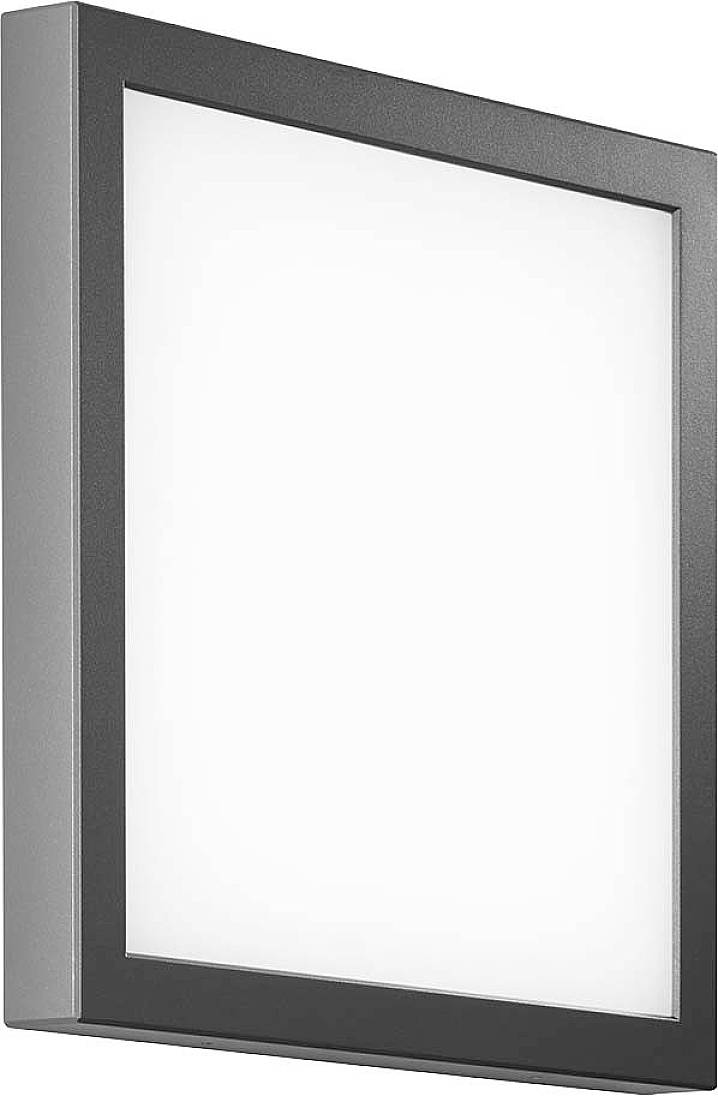 Wandlampe mit schwarzem Rahmen, rechteckiger Form und weißer Leuchtfläche. Modernes Design für Innen- oder Außenbereiche.