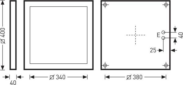 Technische Zeichnung eines quadratischen Objekts, Seitenmaße 400 mm, Ö 340 mm, äußere Abmessungen 380 mm, Lochabstand 40 mm.