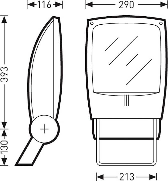 Technische Zeichnung einer Leuchte: Vorderansicht mit Maßen 290 mm Breite, 393 mm Höhe. Seitenansicht zeigt 116 mm Tiefe.