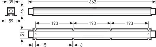 Technische Zeichnung eines rechteckigen Objekts mit den Maßen: 662 mm Länge, 46 mm Breite, 51 mm Höhe. Zeigt Draufsicht und Schnittansicht.
