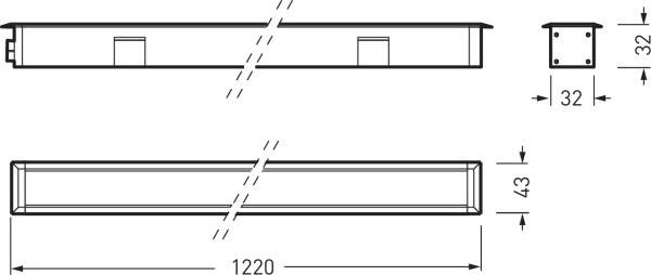 Technische Zeichnung eines flachen rechteckigen Bauteils mit den Maßen: Länge 1220 mm, Breite 32 mm, Höhe 43 mm.