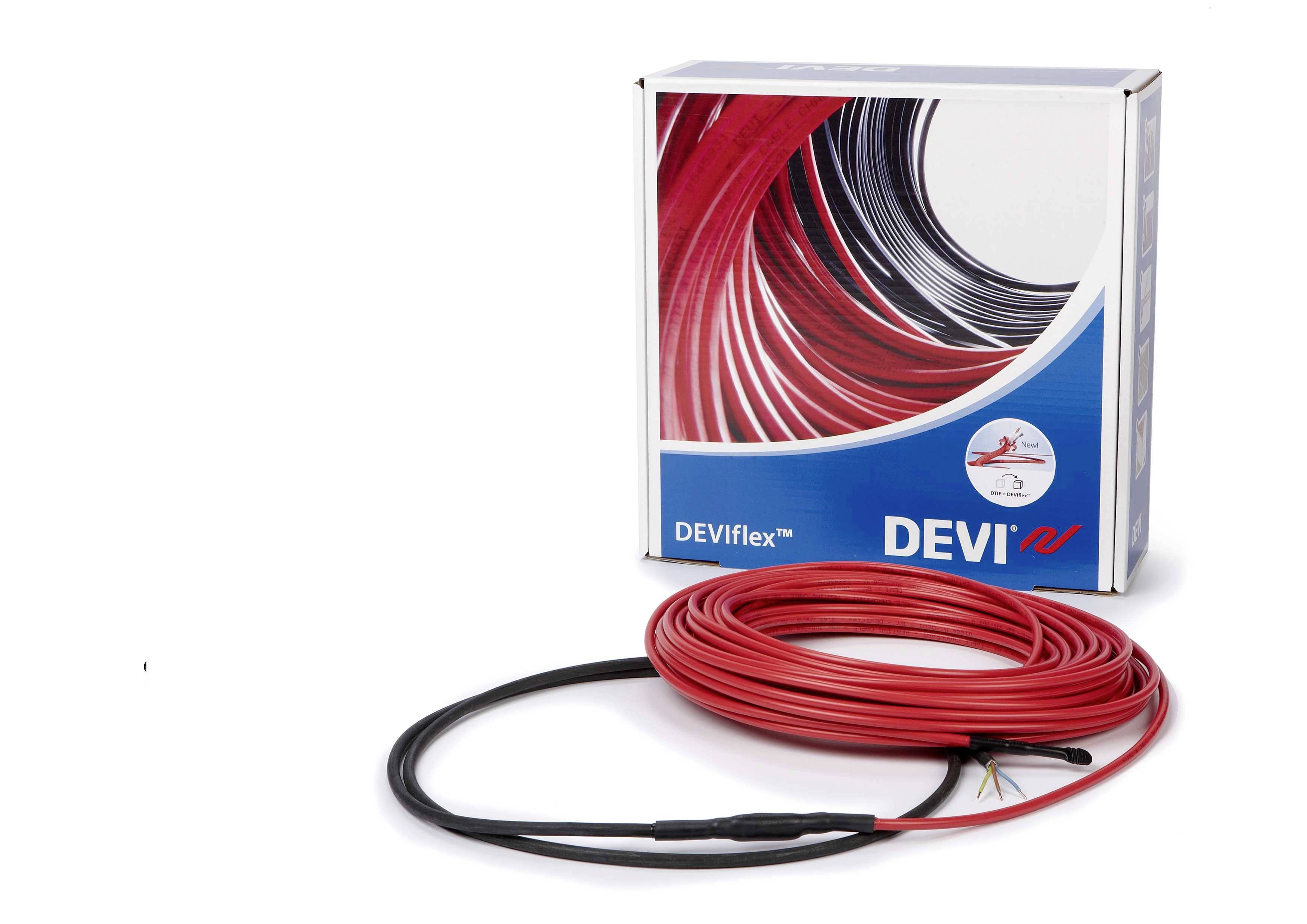 Eine rote Heizleitung mit einer Verpackungsbox der Marke 'DEVIflex'. Die Box zeigt ein Bild der Heizleitung in einer Spirale.