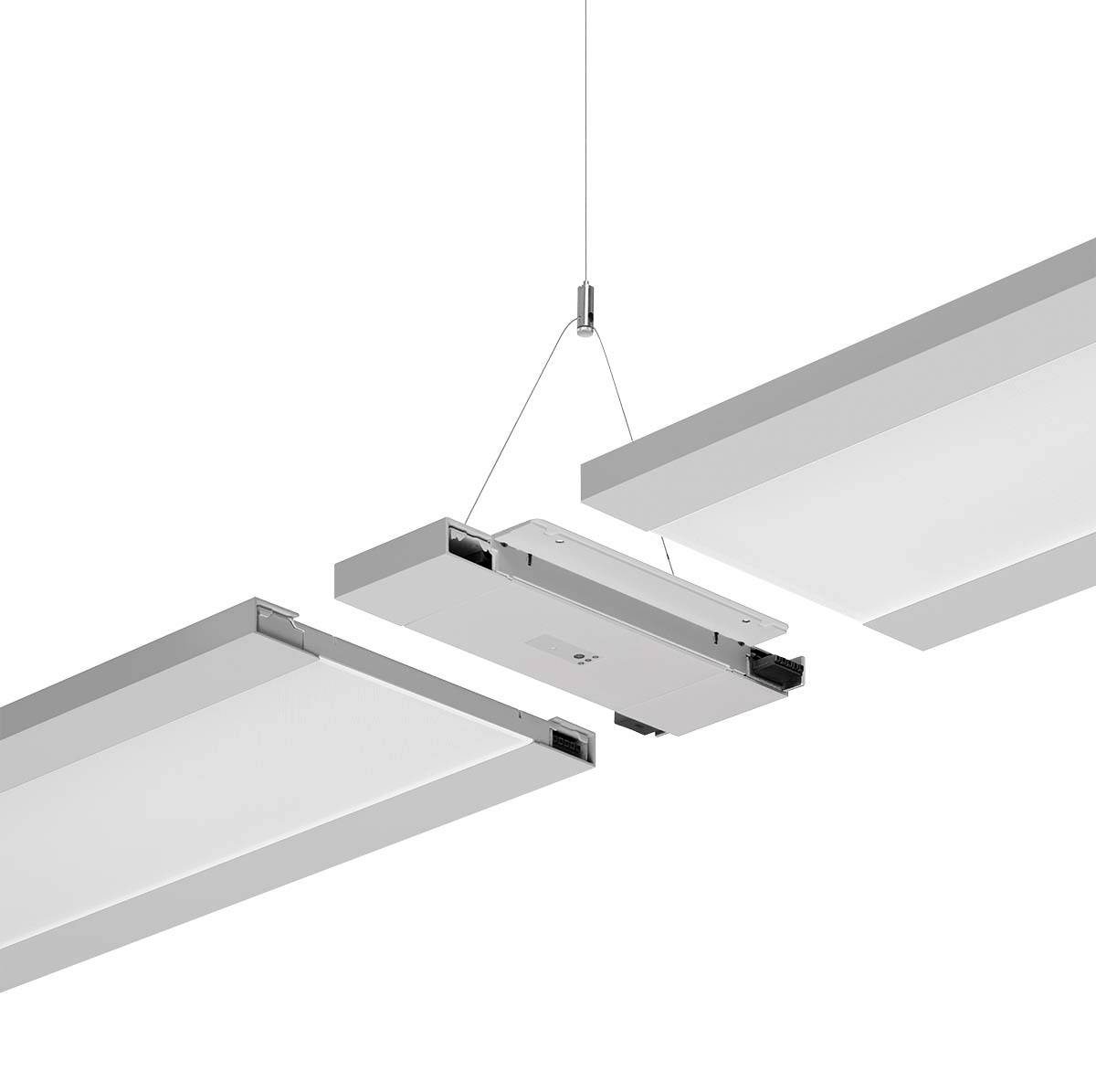 Abbildung von drei hängenden rechteckigen LED-Panels in einem minimalistischen Design, in einer hellen, neutralen Umgebung.