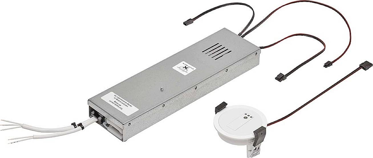 Elektronisches Gerät mit rechteckigem Metallgehäuse, mehreren Kabeln und runder, separater Komponente. Verwendet in technischen Anwendungen.