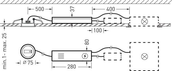 Technische Zeichnung für die Installation einer Steckdose mit Maßen: 500 mm, 400 mm, 280 mm für Kabel; min. 1-max. 25 für Tiefe.