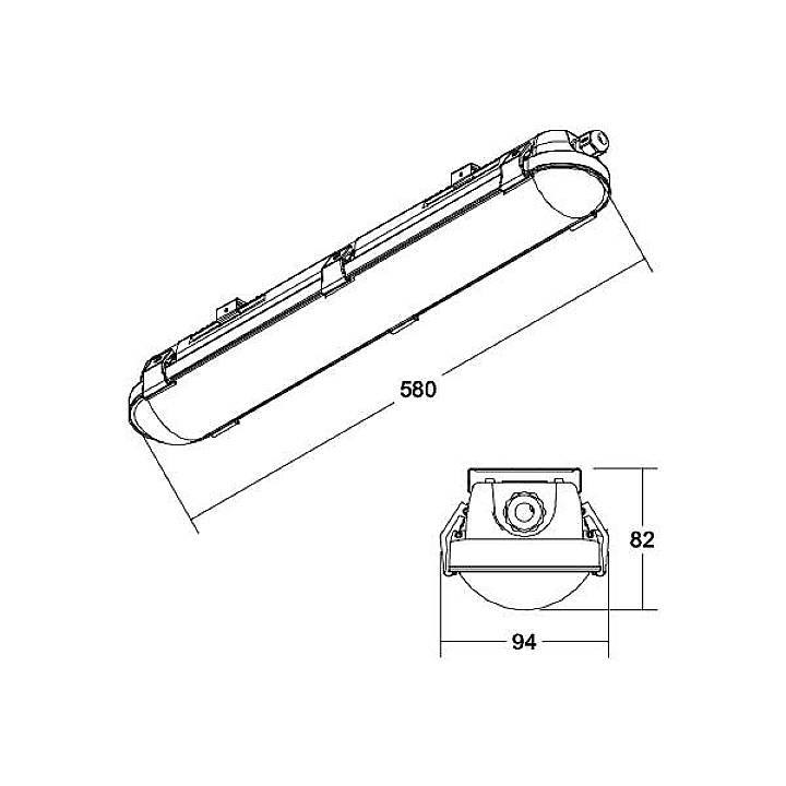 Technische Zeichnung einer Leuchte mit Maßen: Länge 580 mm, Breite 94 mm, Höhe 82 mm. Zeigt Front- und Seitenansicht.