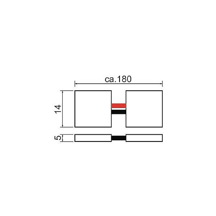 Schematische Zeichnung zweier verbundener Rechtecke mit Längenangaben: 'ca. 180', '14', '5'. Eine rote Linie verbindet sie.