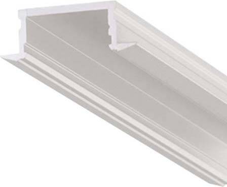 Ein weißes LED-Aluminiumprofil, seitlich von unten fotografiert, zeigt die schützende Abdeckung und den schmalen, langen Kanal.