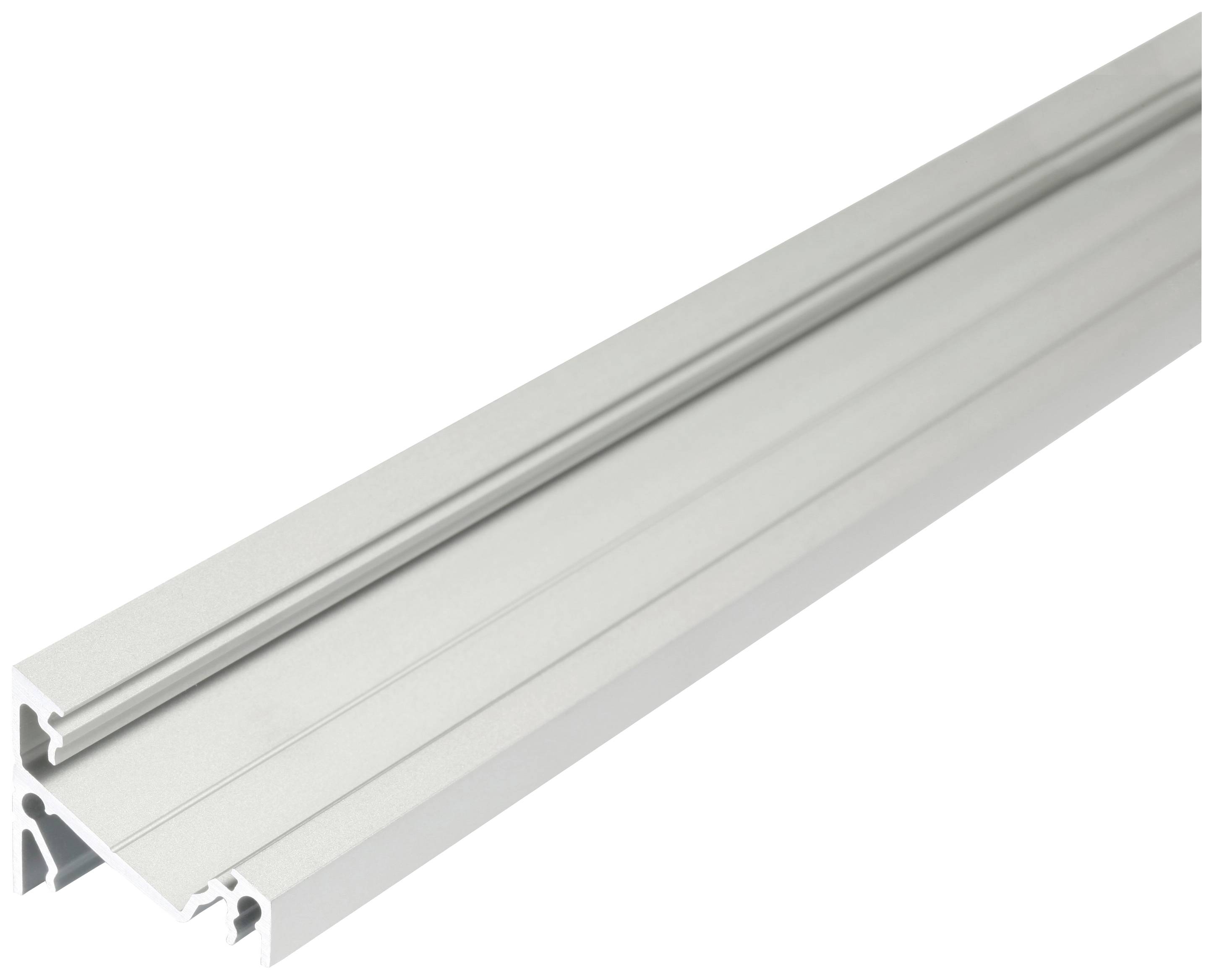 Aluminiumprofil mit einem Schlitz zur Befestigung, schräg von oben gezeigt, vor einem weißen Hintergrund.