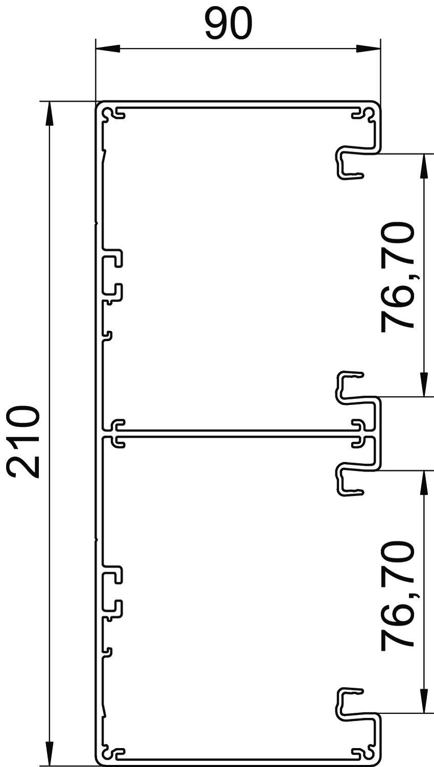 Technische Zeichnung eines rechteckigen Schnitts mit den Maßen 90 x 210 mm. Zwei innere Abschnitte zeigen 76,70 mm Breite.