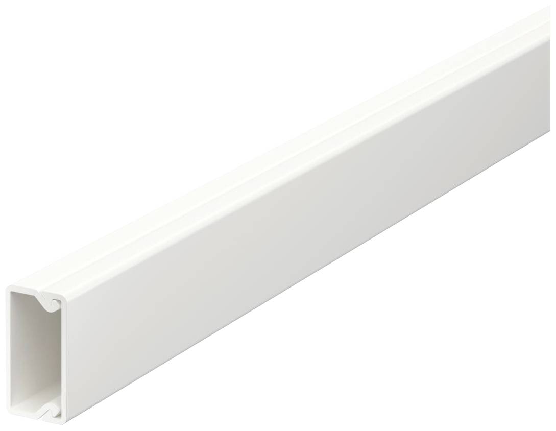 Ein rechteckiger, weißer Kabelkanal zur Verwaltung und Verdeckung von Kabeln. Geeignet für saubere Kabelverlegung an Wänden.