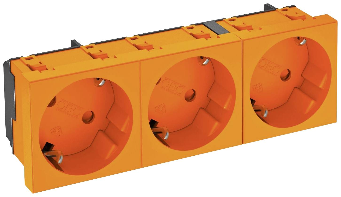 Drei orangefarbene Steckdosen nebeneinander, geeignet für die Installation in elektrischen Systemen.