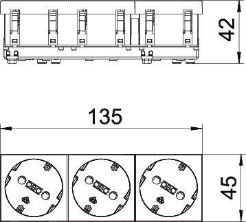 Technische Zeichnung eines elektrischen Schalters, dreifacher Schaltkörper oben, Schalterdurchmesser 42 mm, Breite 135 mm.
