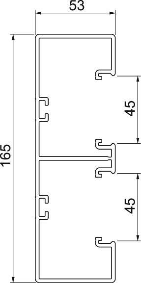 Querschnitt einer rechteckigen Aluminiumprofilstruktur mit Beschriftungen: Höhe 165, Breite 53, zwei vertikale Innenabstände von je 45.