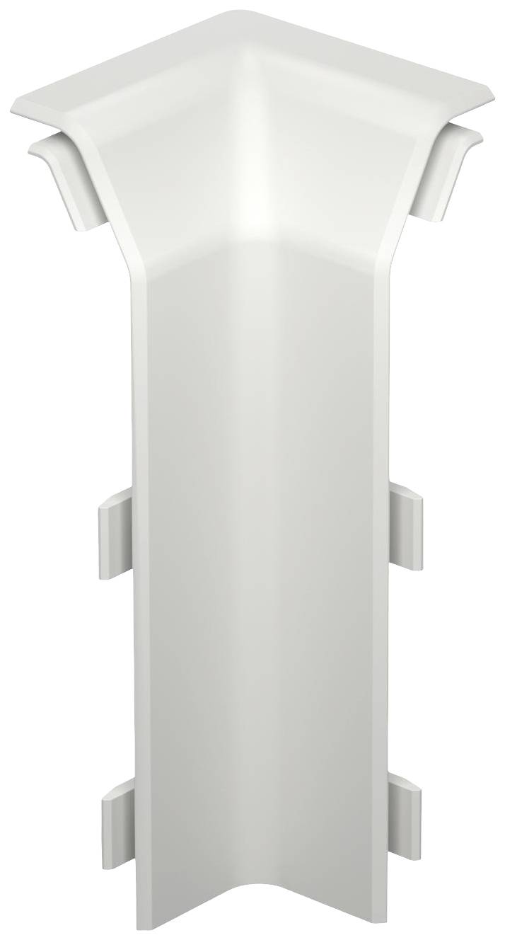 Ein weißer Kunststoff-Wandeckschutz mit abgewinkeltem Design und vier Ankerpunkten zur Befestigung an einer Ecke.