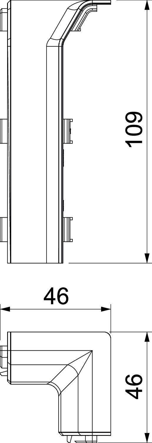 Technische Zeichnung eines rechteckigen Teils mit seitlicher und frontaler Ansicht. Die Maße sind 109 mm hoch und 46 mm breit.