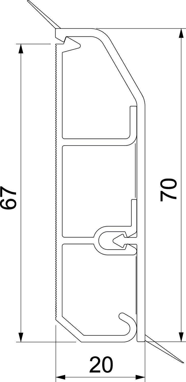 Technische Zeichnung eines Querschnitts eines Profils. Abmessungen sind 67 und 70 mm in der Höhe, 20 mm in der Breite.